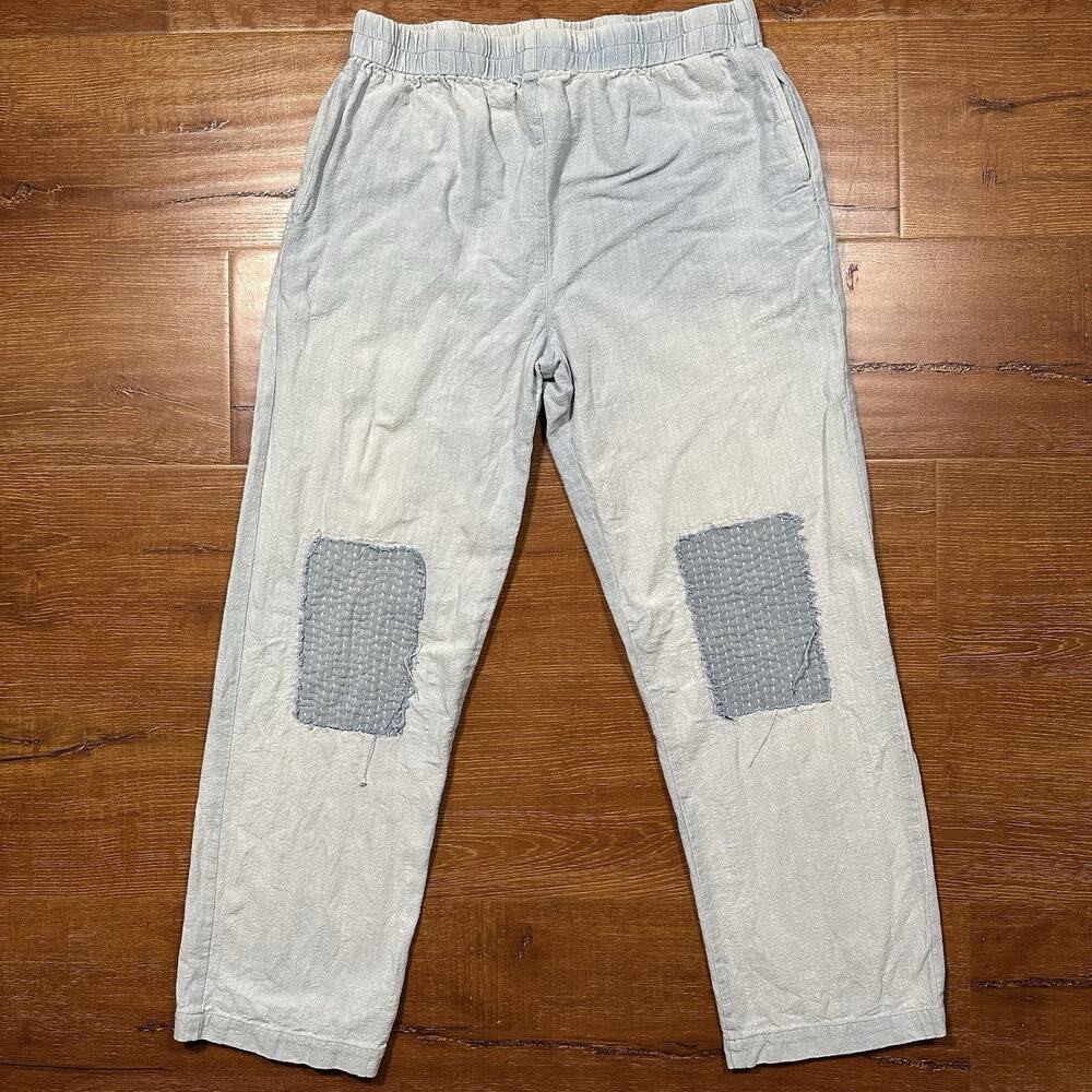 PO-EM Pull On Pants Womens M Blue Light Wash Denim Handwoven Cotton Boro Patch